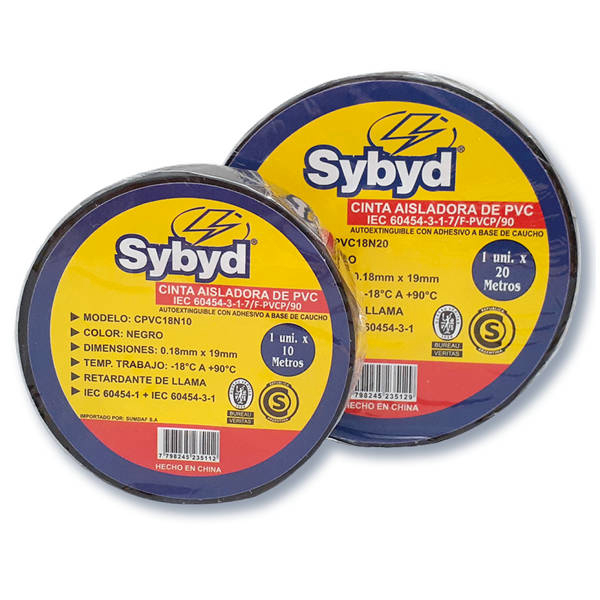 Cinta Aisladora Premium SYBYD Autoextinguible PVC 10 Metros 0.18x19mm