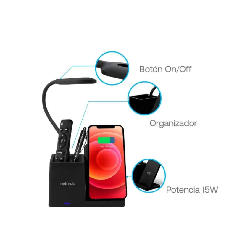 Lampara LED Carga Inalambrica 15W Soporte Celular Netmak