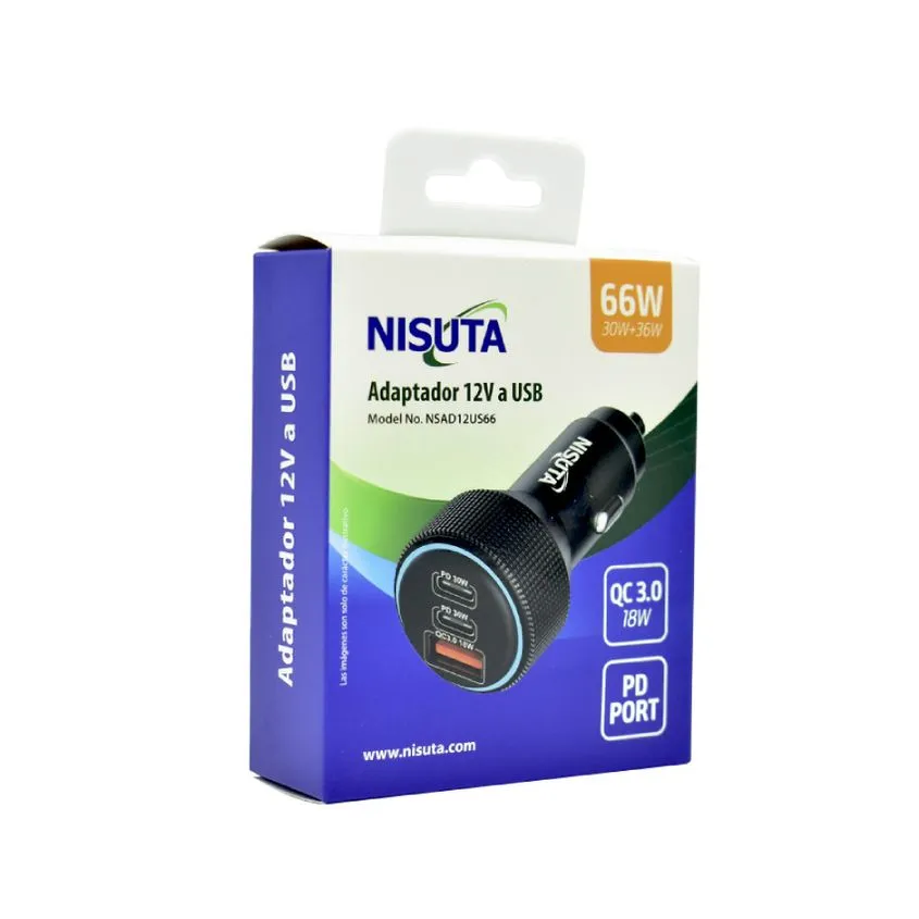 Cargador USB x1 - Tipo C x2 Triple Auto PD QC 66W Nisuta
